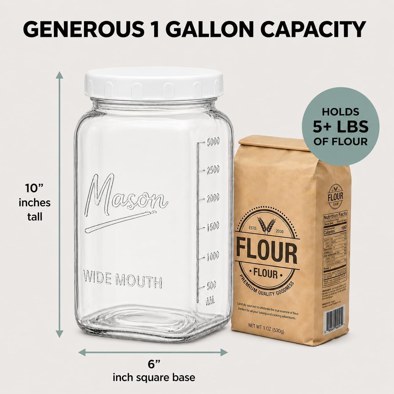 1 Gallon Square Glass Mason Jar - Plastic Lid
