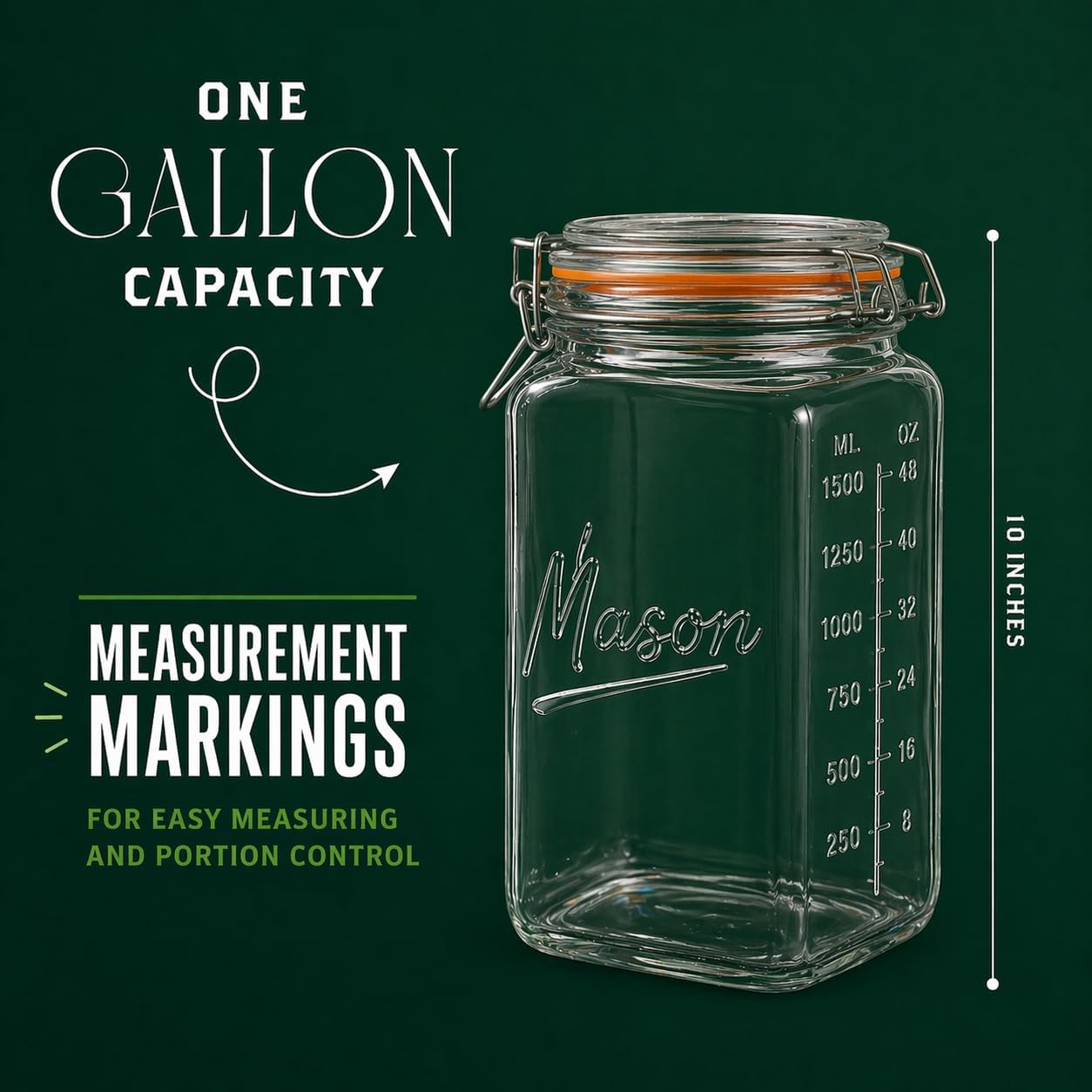 1 Gallon Square Glass Mason Jar - Glass Swing-Top Lid