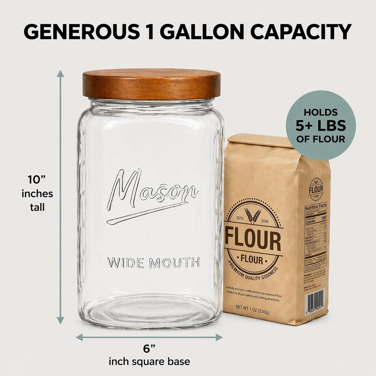 1 Gallon Mason Jar - Square - Wooden Lid