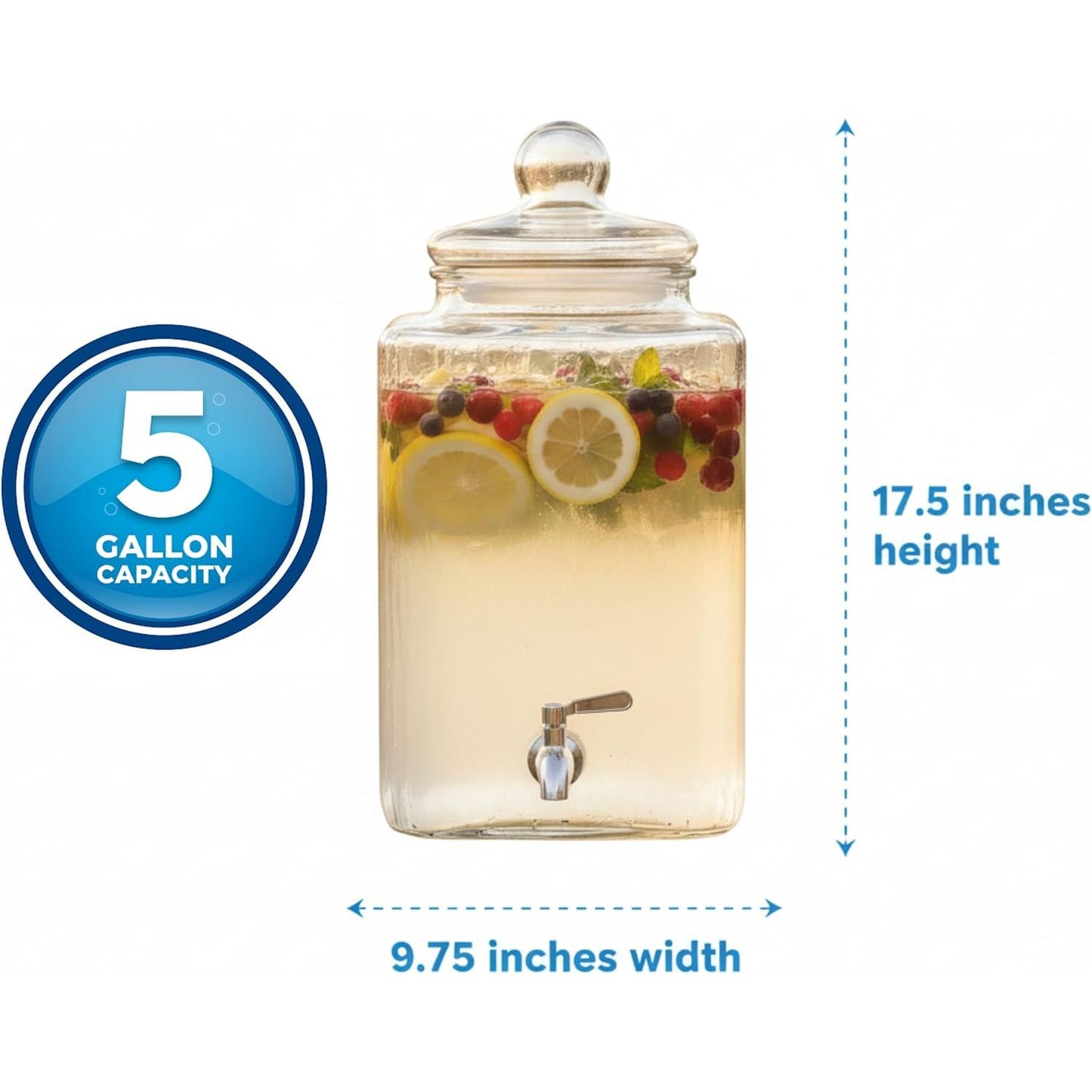 5 Gallon Glass Beverage Dispenser - Stainless Steel Spigot