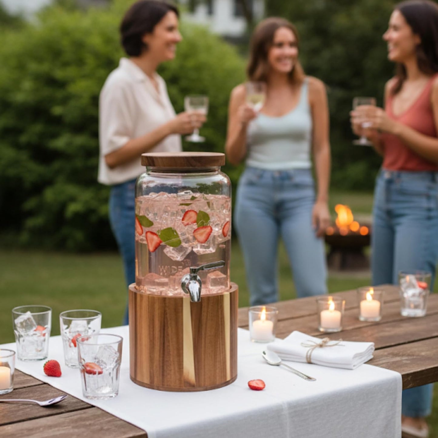 1 Gallon Glass Drink Dispenser - Wooden Lid with Stand