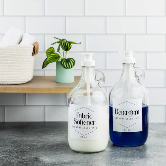 Matching 64 oz glass detergent dispensers for laundry station