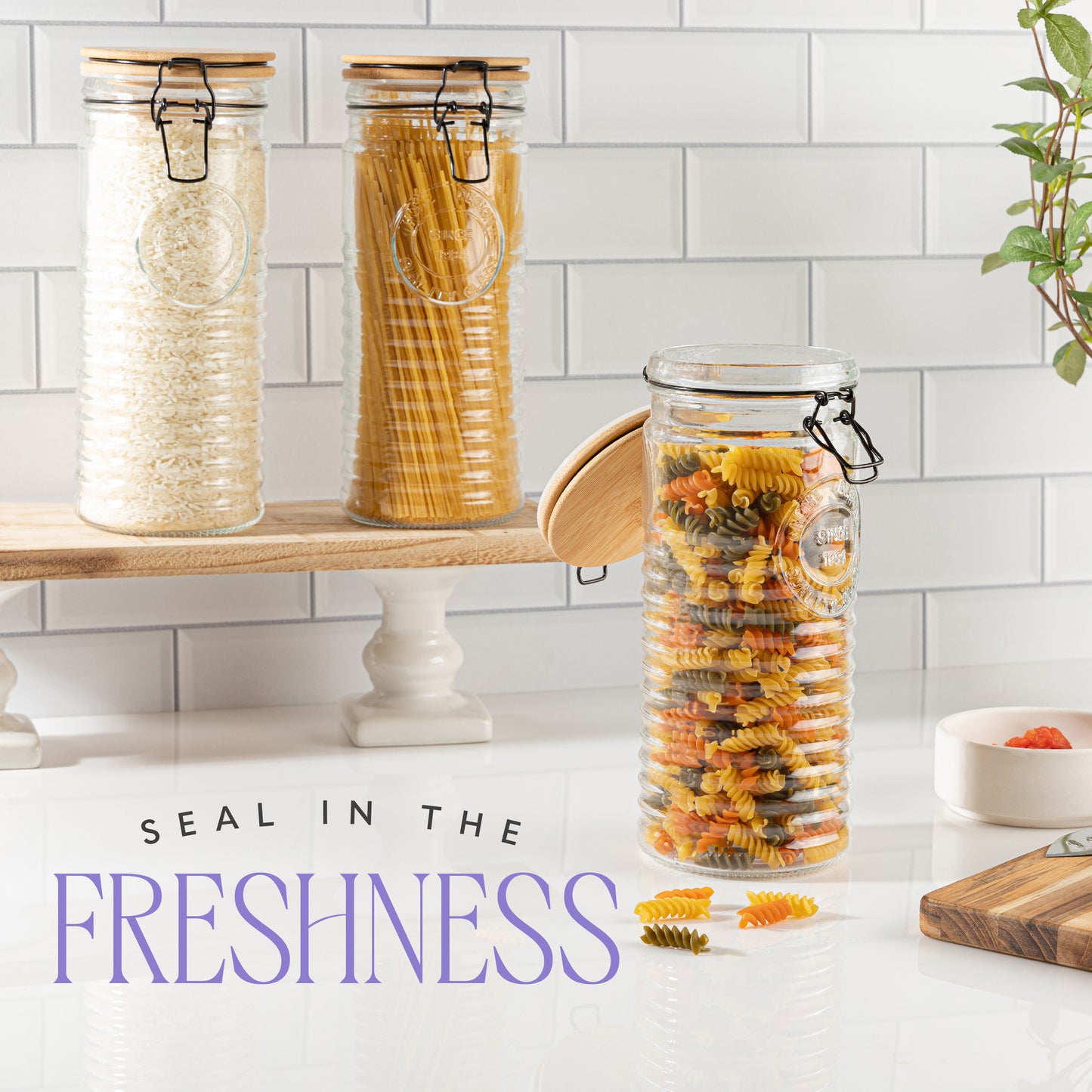 Glass Storage Jars with Airtight Lids – Set of 3 Mason Storage Containers for Cereal, Coffee & Rice