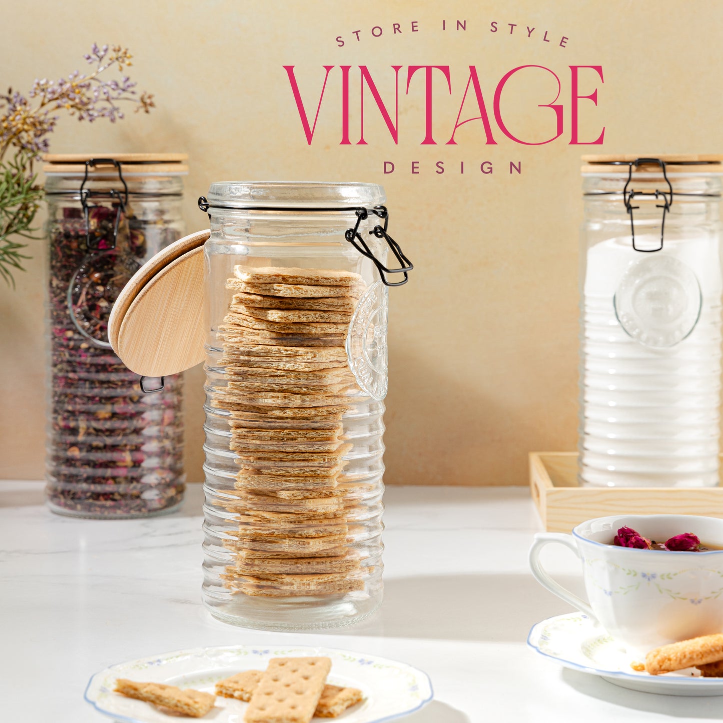Glass Storage Jars with Airtight Lids – Set of 3 Mason Storage Containers for Cereal, Coffee & Rice