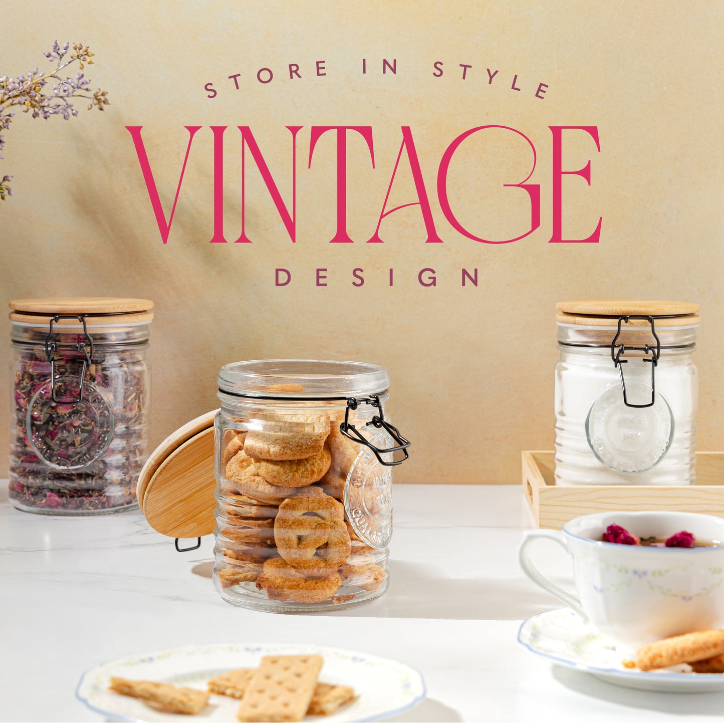 Glass Storage Jars with Airtight Lids – Set of 3 Mason Storage Containers for Cereal, Coffee & Rice