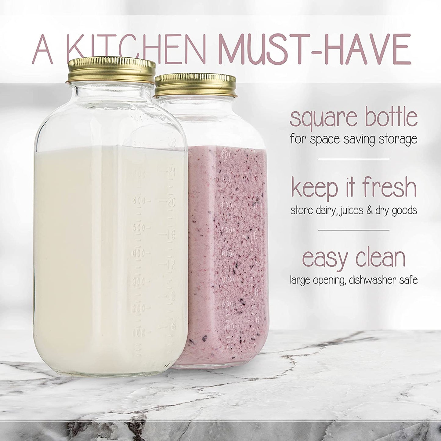 32oz Square Glass Milk Bottle with Metal Airtight Lids