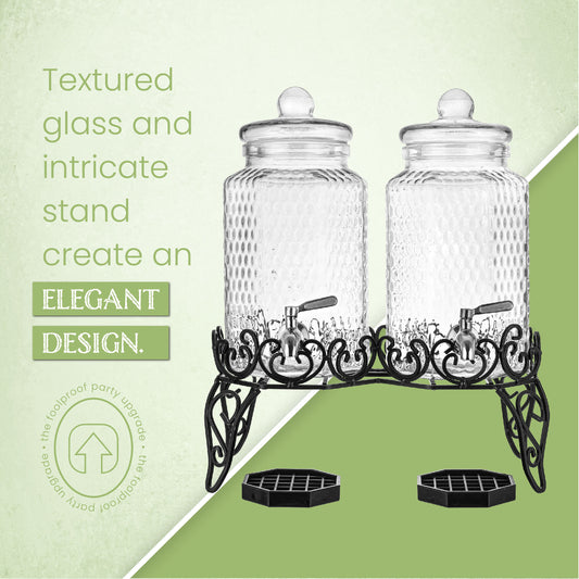 Two gallon glass drink dispensers, side by side serving