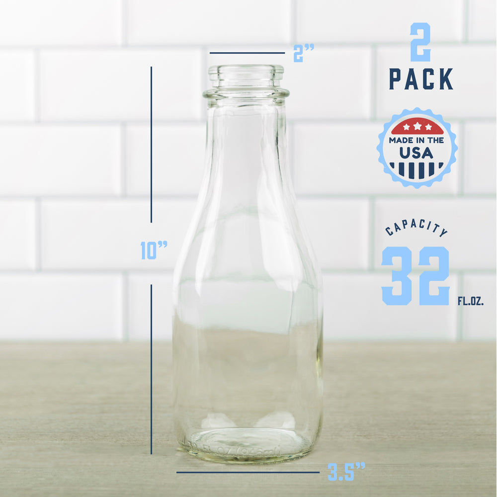 32oz Round Farmhouse Glass Milk Bottle with Lid and Pour Spout