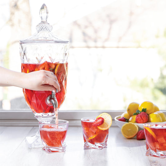Decorative Glass Pedestal Beverage Dispenser with Stainless Steel Spigot