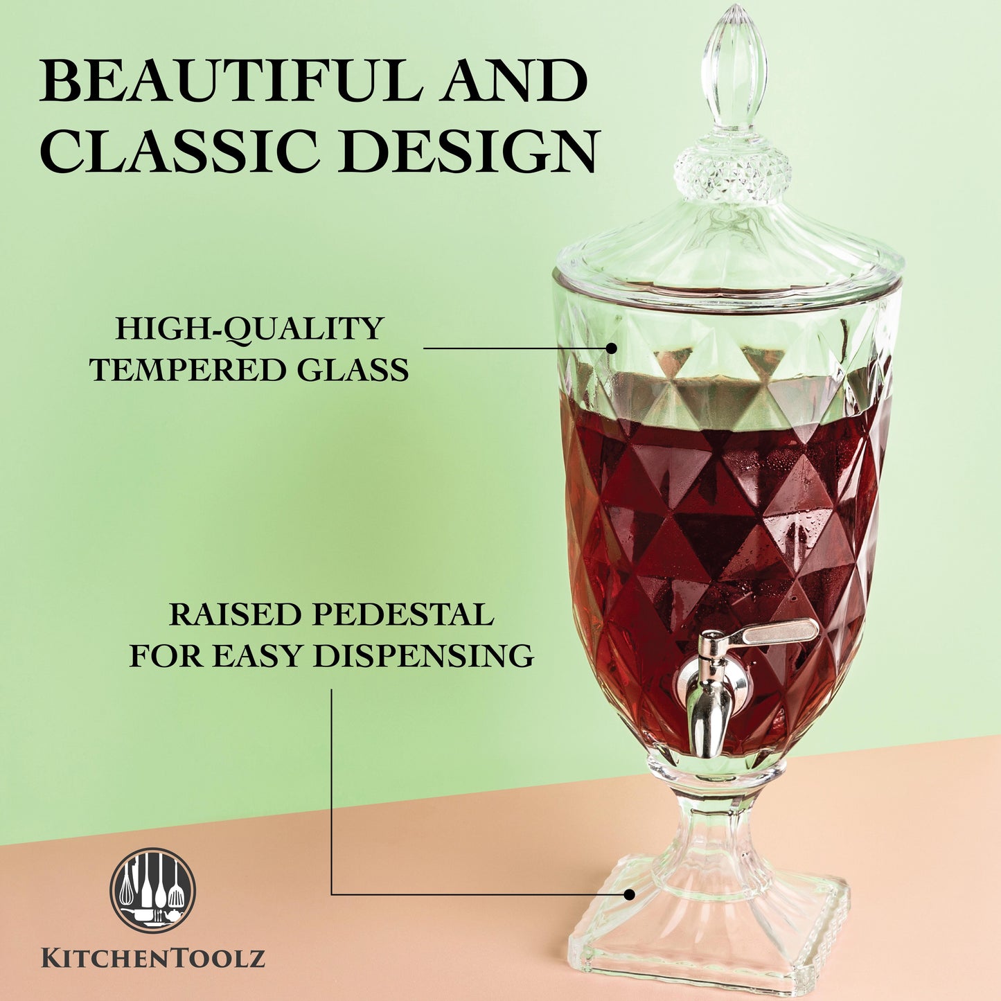 Decorative Glass Pedestal Beverage Dispenser with Stainless Steel Spigot