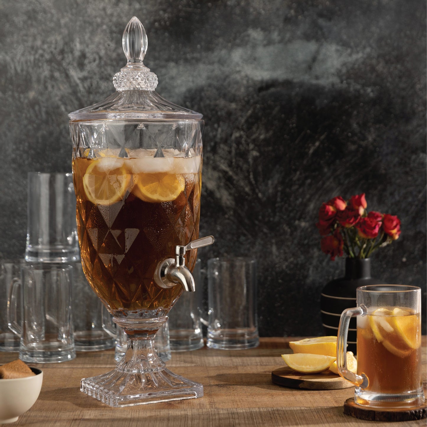 Decorative Glass Pedestal Beverage Dispenser with Stainless Steel Spigot