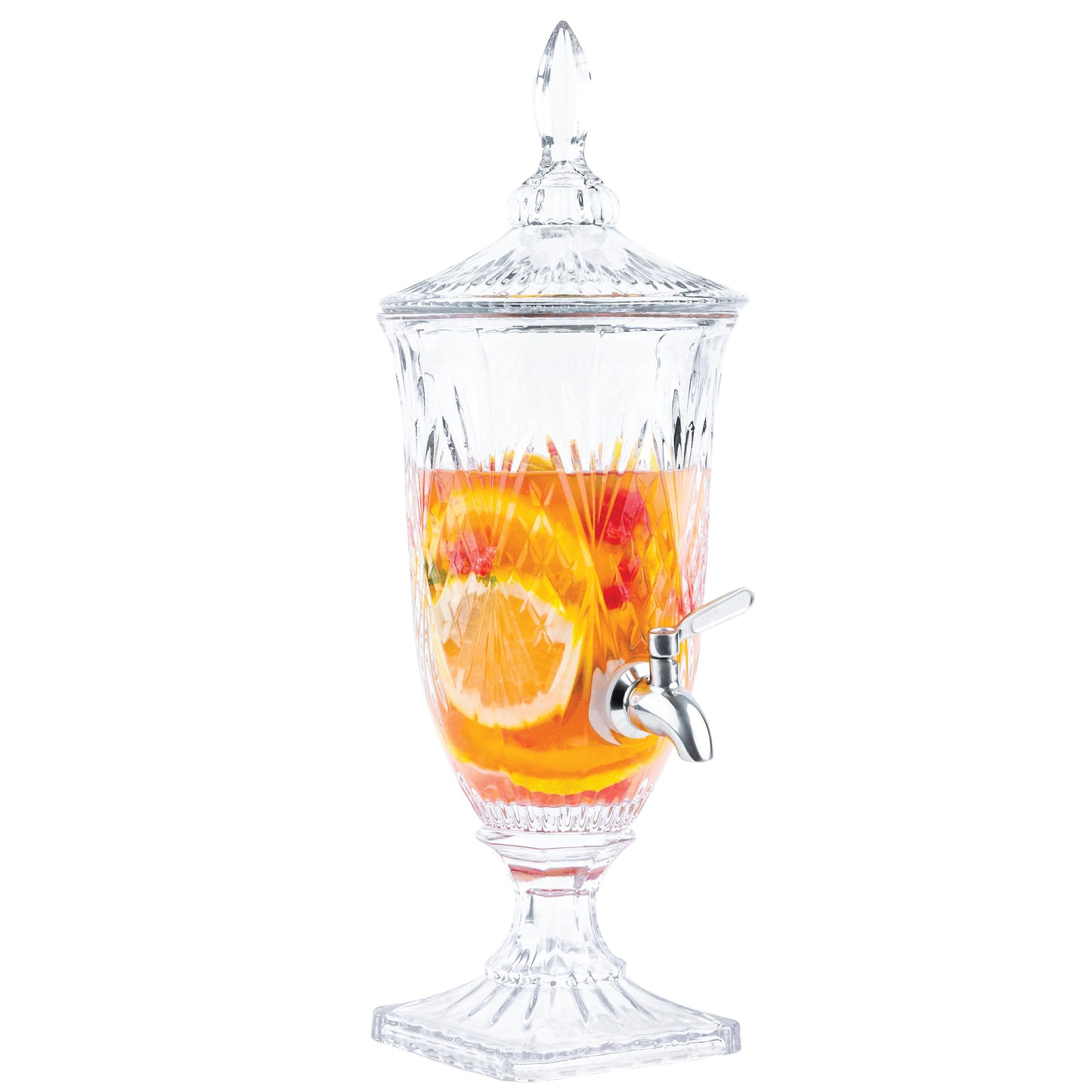 Decorative Glass Pedestal Beverage Dispenser with Stainless Steel Spigot