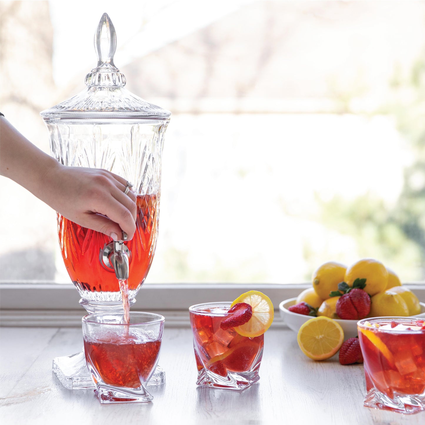 Decorative Glass Pedestal Beverage Dispenser with Stainless Steel Spigot