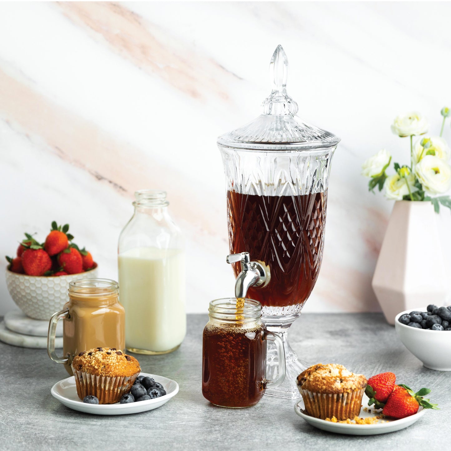 Decorative Glass Pedestal Beverage Dispenser with Stainless Steel Spigot