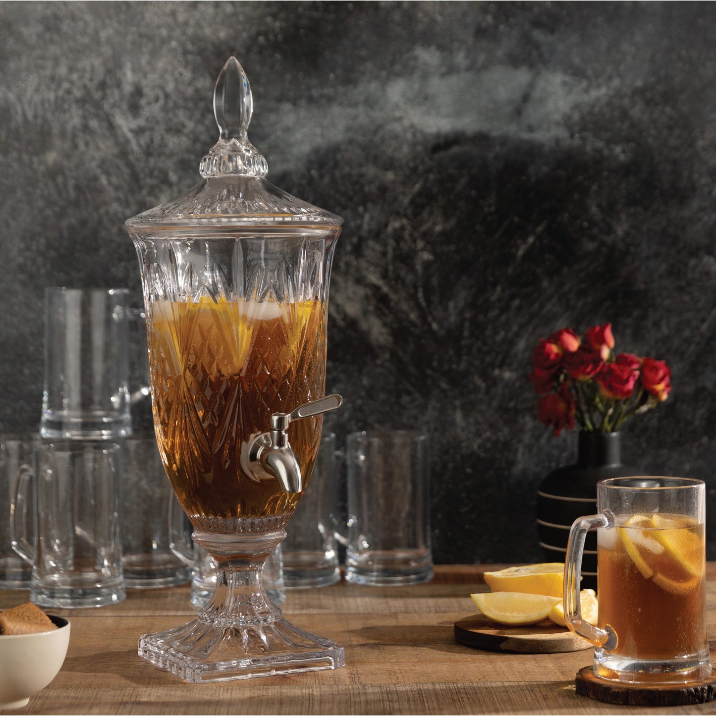 Decorative Glass Pedestal Beverage Dispenser with Stainless Steel Spigot