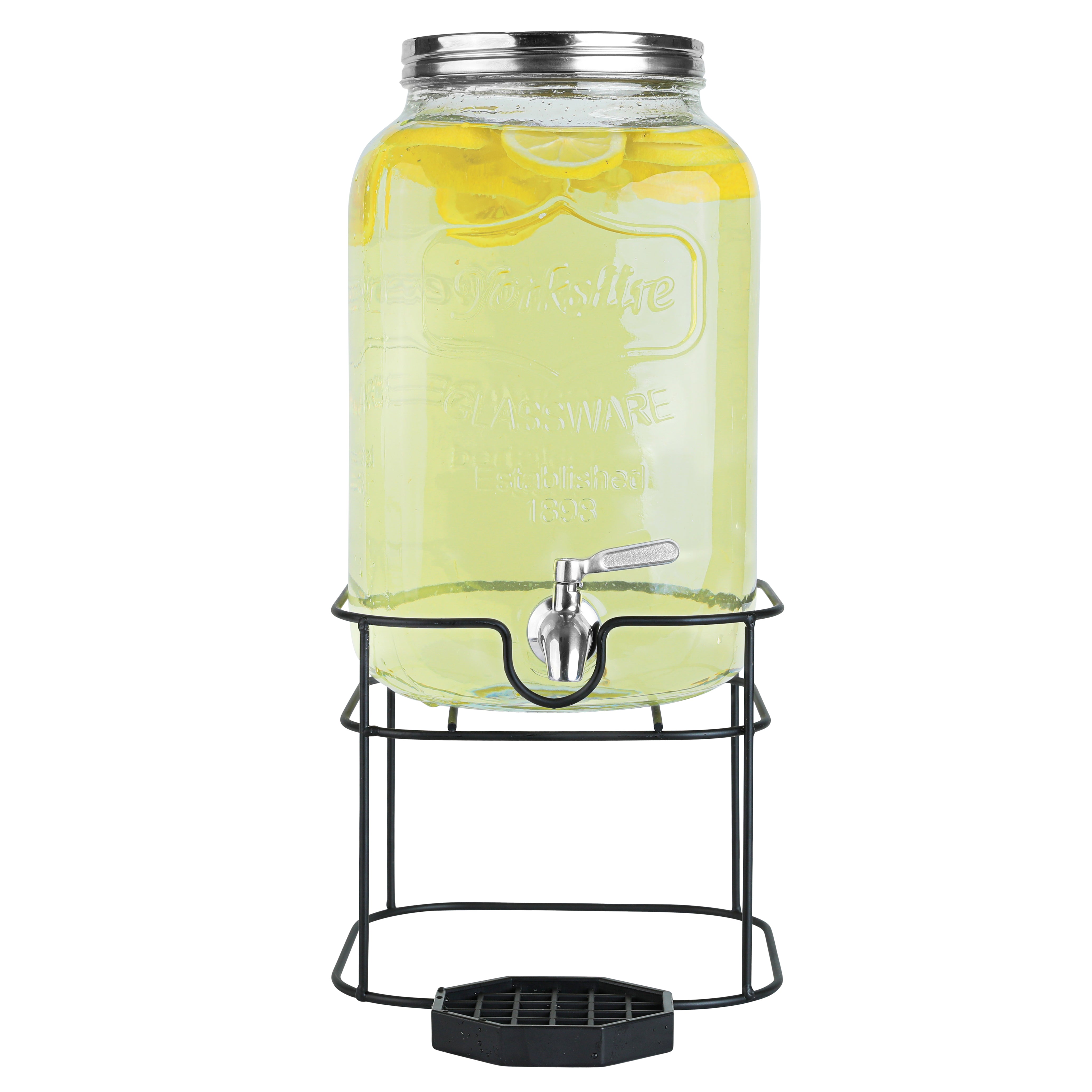 2.5 Gallon Glass Beverage Dispenser with Stainless Steel Spigot on Metal  Stand and Drip Tray- Mason Drink Dispenser For Parties, Sun Tea, Iced Tea