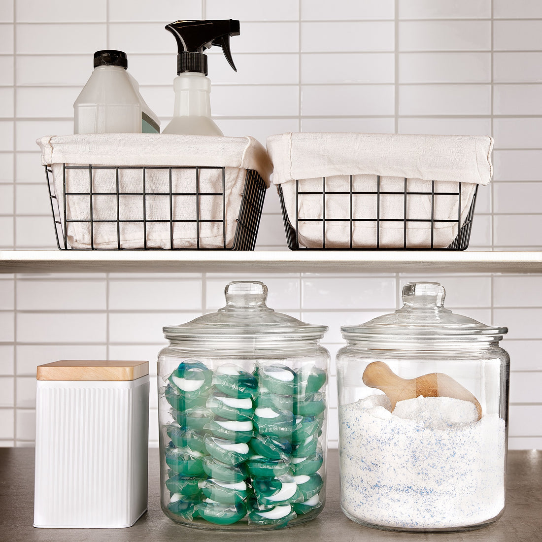 Storing Laundry Detergent Pods, Powder, and Liquid in Glass Jars and Pump Bottles