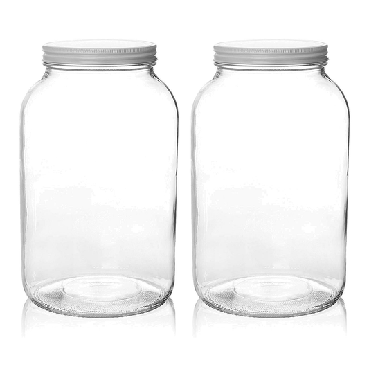 1 gallon glass mason jars with white metal lids, 2-pack