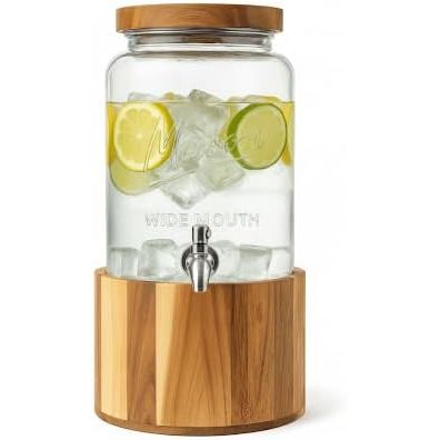 1 gallon glass drink dispenser with wooden lid on stand