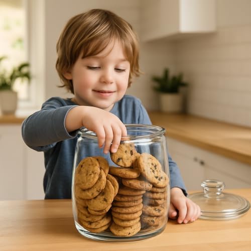 Modern glass cookie jar filled with cookies on kitchen counter
