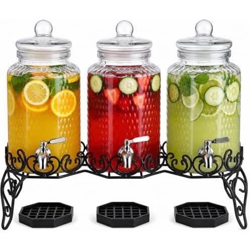 Triple 1 gallon glass beverage dispenser set with metal stand and drip trays