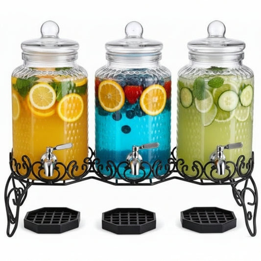 Triple 1 gallon glass beverage dispenser set with metal stand and drip trays