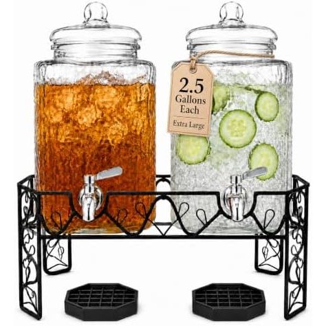 Dual 2.5 gallon glass beverage dispenser set with metal stand and drip trays