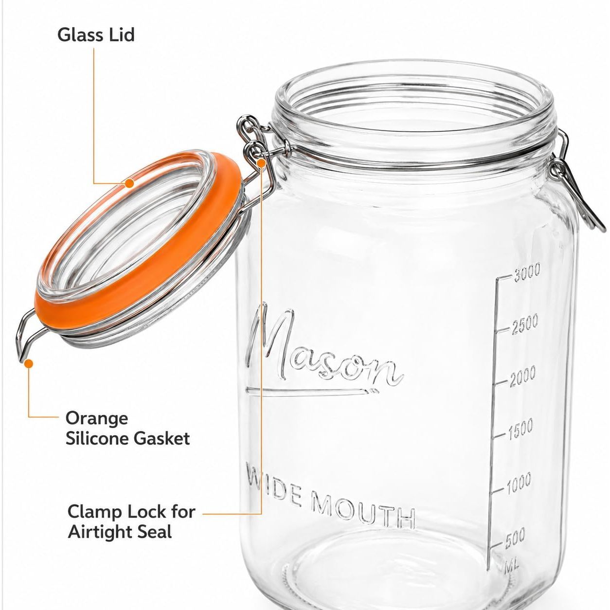 1 Gallon Square Glass Mason Jar - Glass Swing-Top Lid