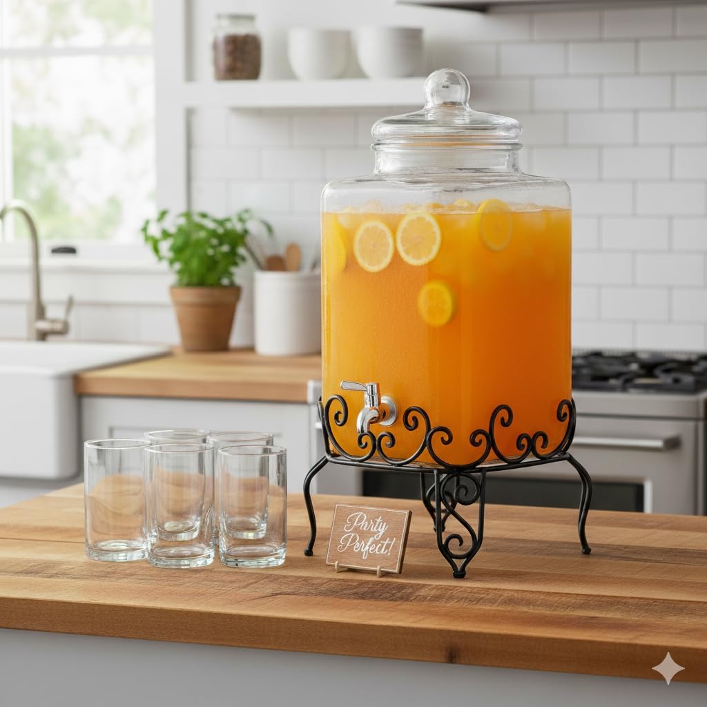 5 Gallon Glass Beverage Dispenser - Stainless Steel Spigot