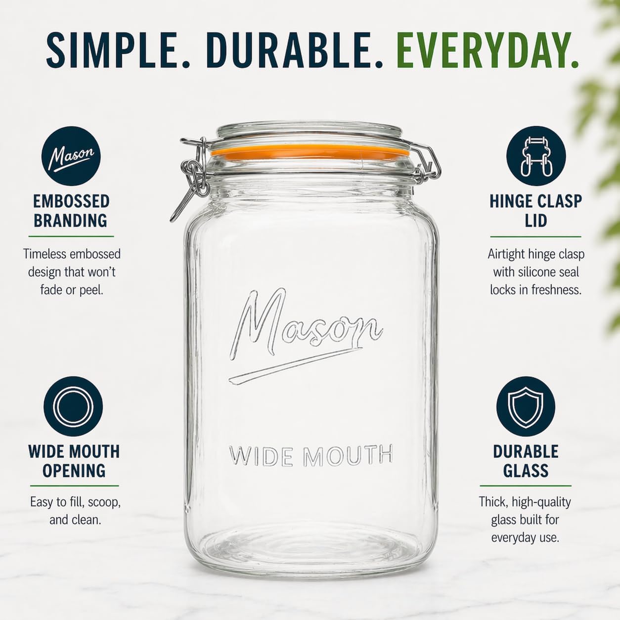 1 Gallon Square Glass Mason Jar - Glass Swing-Top Lid