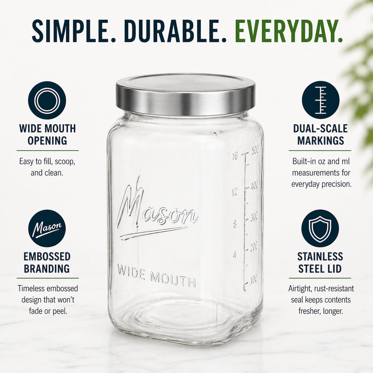 1 Gallon Square Glass Mason Jar - Metal Lid