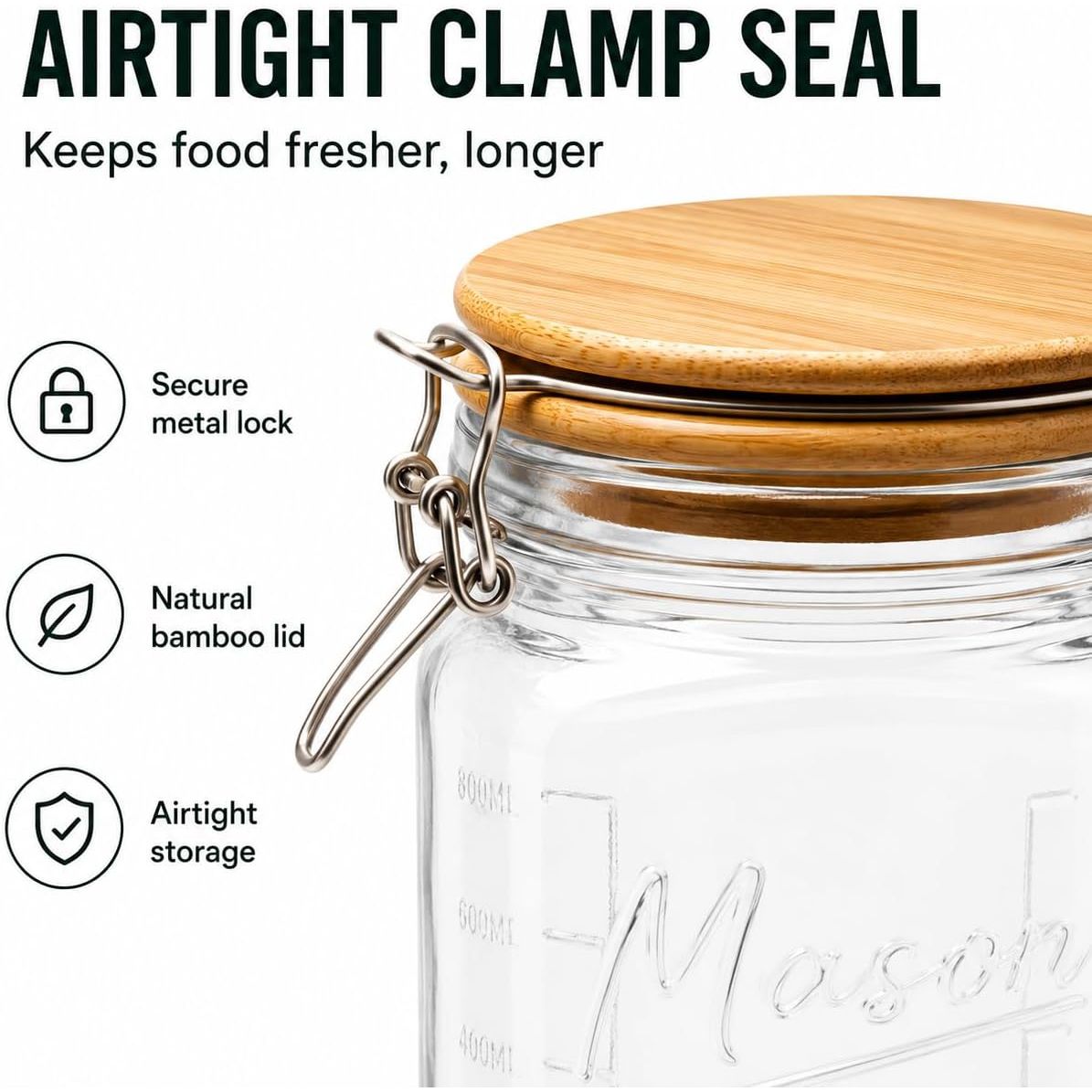 1 Gallon Round Glass Mason Jar - Bamboo Swing-Top Lid