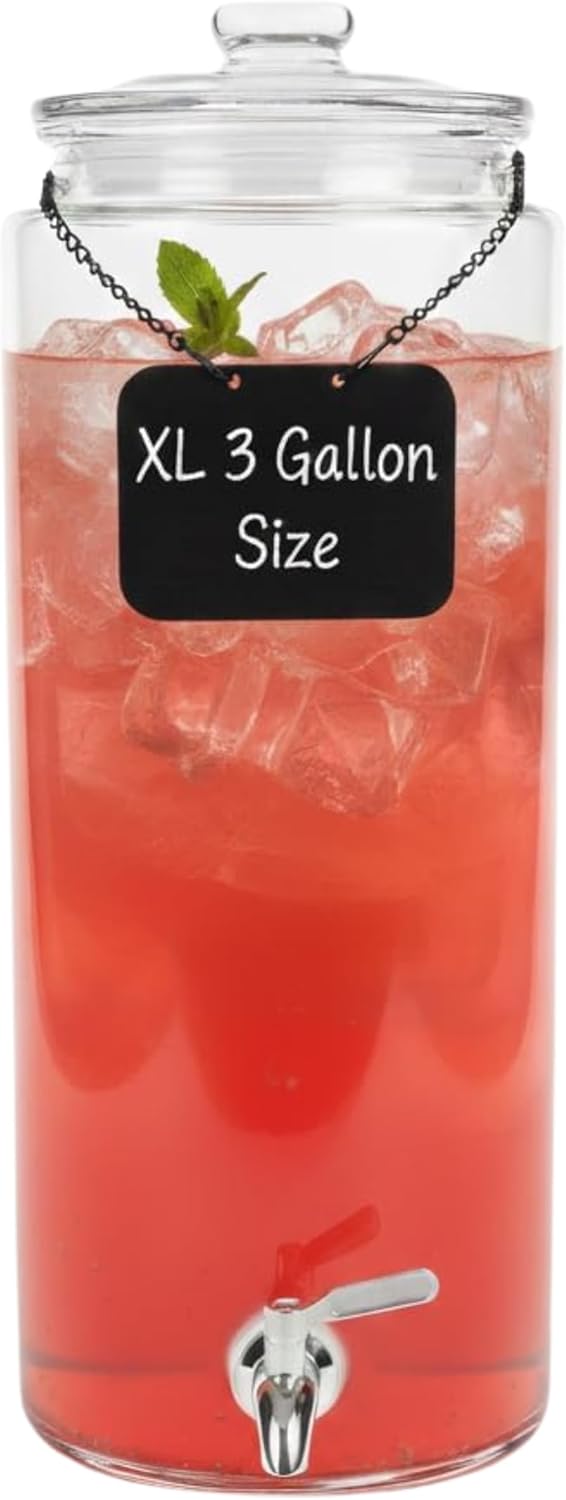 3 Gallon Tall Glass Beverage Dispenser with Stainless Steel Spigot