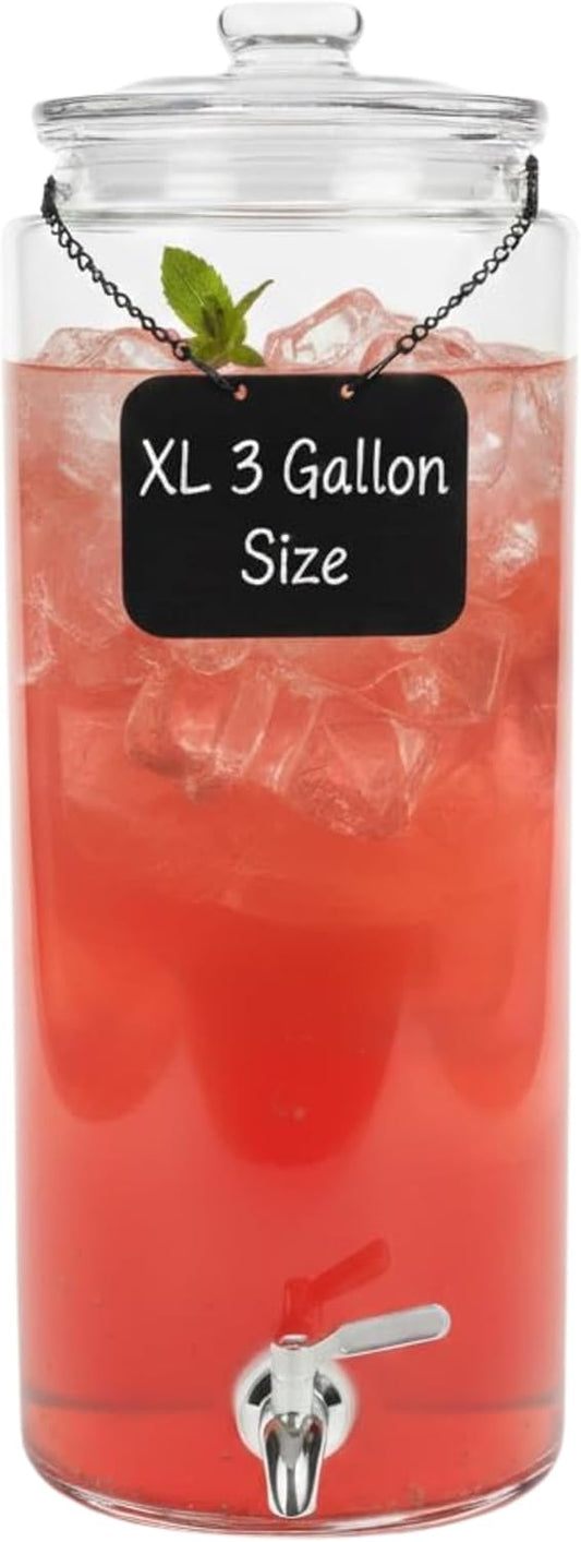 3 Gallon Tall Glass Beverage Dispenser with Stainless Steel Spigot