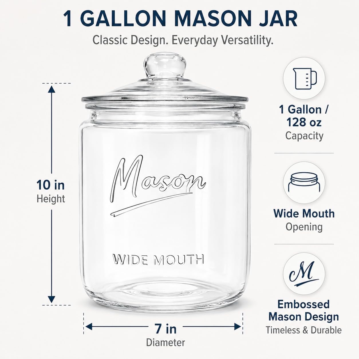 1 Gallon Glass Cookie Jar - Mason Logo with Measurement Markings