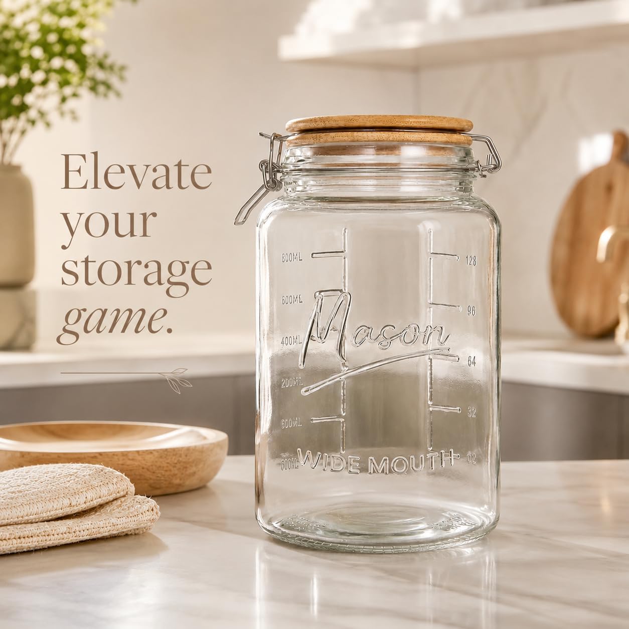 1 Gallon Round Glass Mason Jar - Bamboo Swing-Top Lid