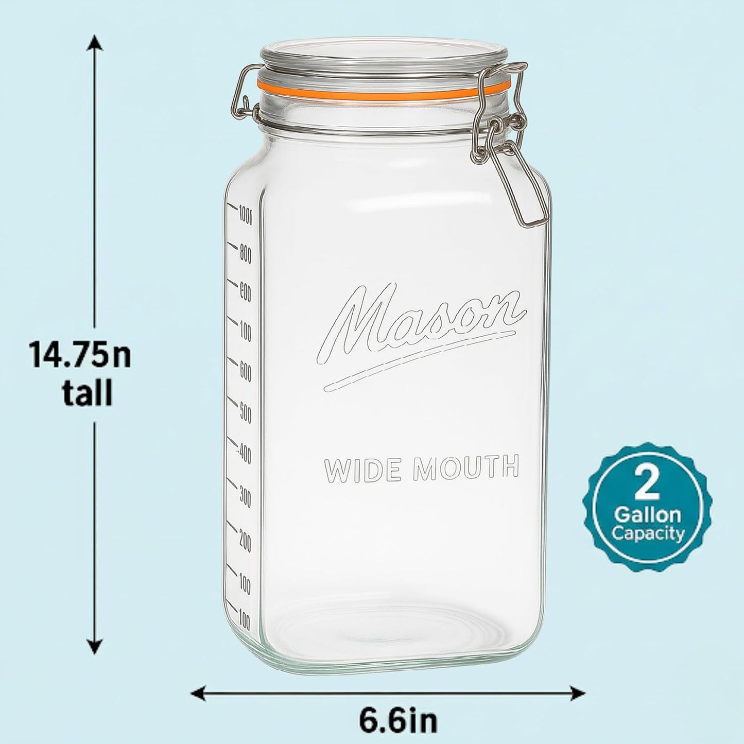 2 Gallon Square Glass Mason Jar - Swing Clasp Lid