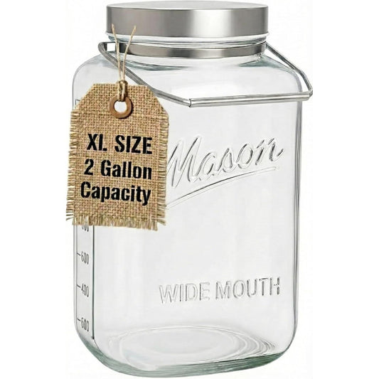 2 gallon square glass mason jar with metal lid and carry handle