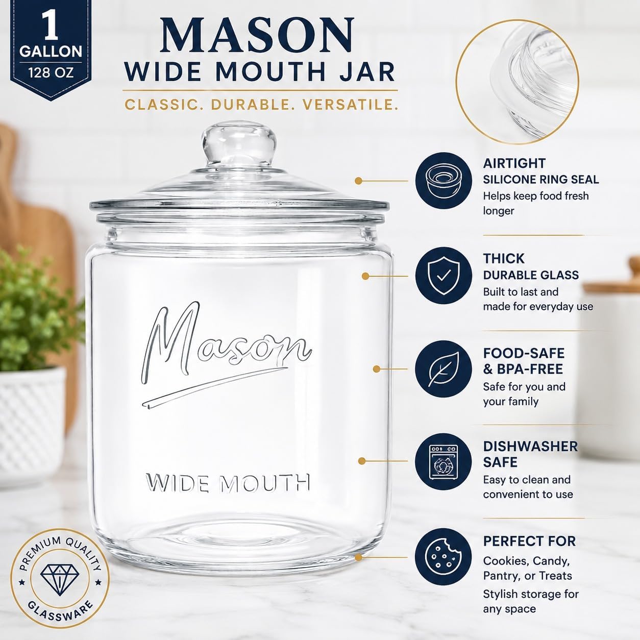 1 Gallon Glass Cookie Jar - Mason Logo with Measurement Markings