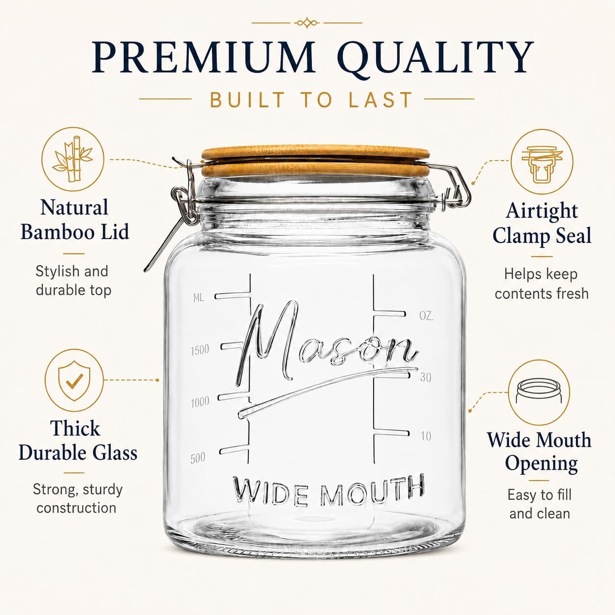 Half Gallon Round Glass Mason Jar - Bamboo Swing-Top Lid