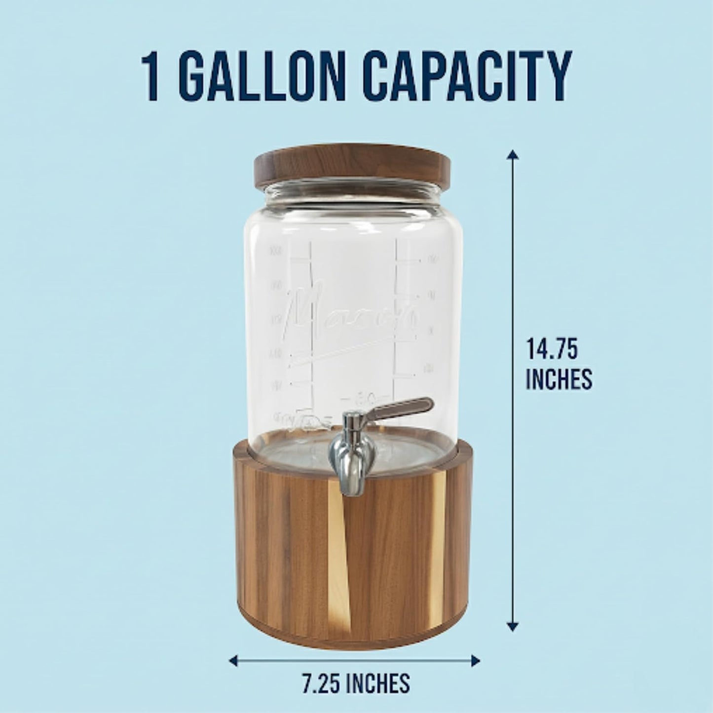 1 Gallon Glass Drink Dispenser - Wooden Lid with Stand