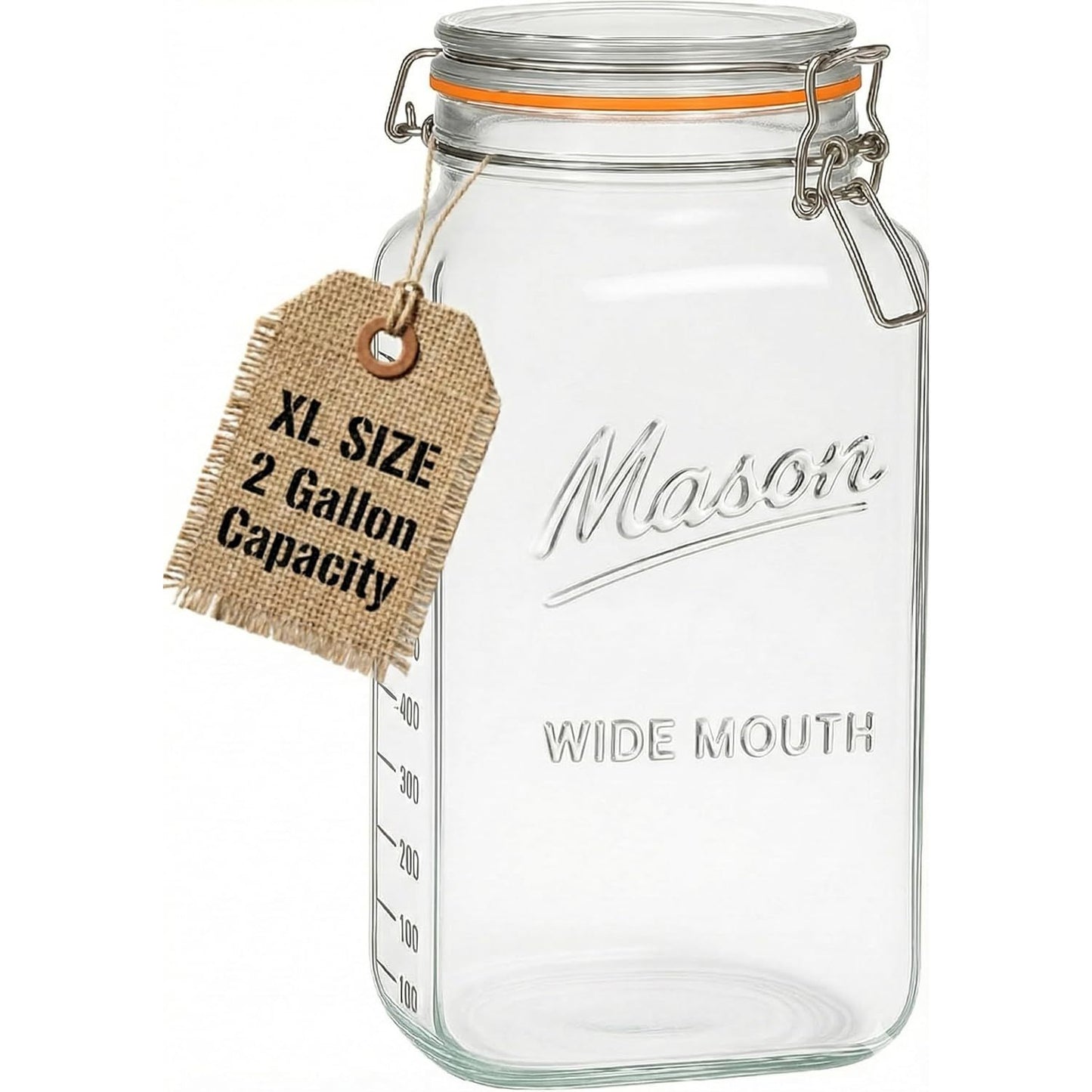 2 Gallon Square Glass Mason Jar - Swing Clasp Lid