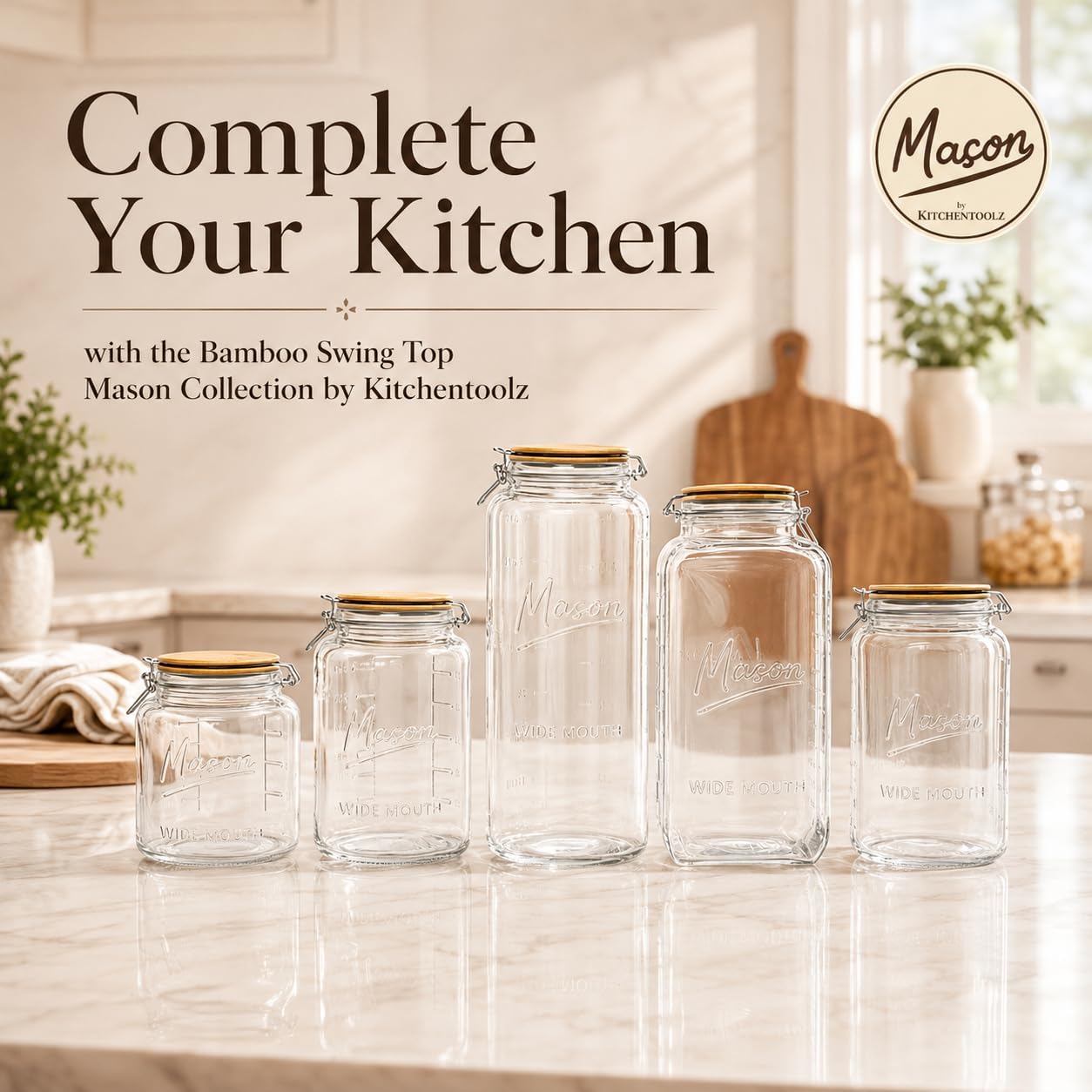 1 Gallon Round Glass Mason Jar - Bamboo Swing-Top Lid