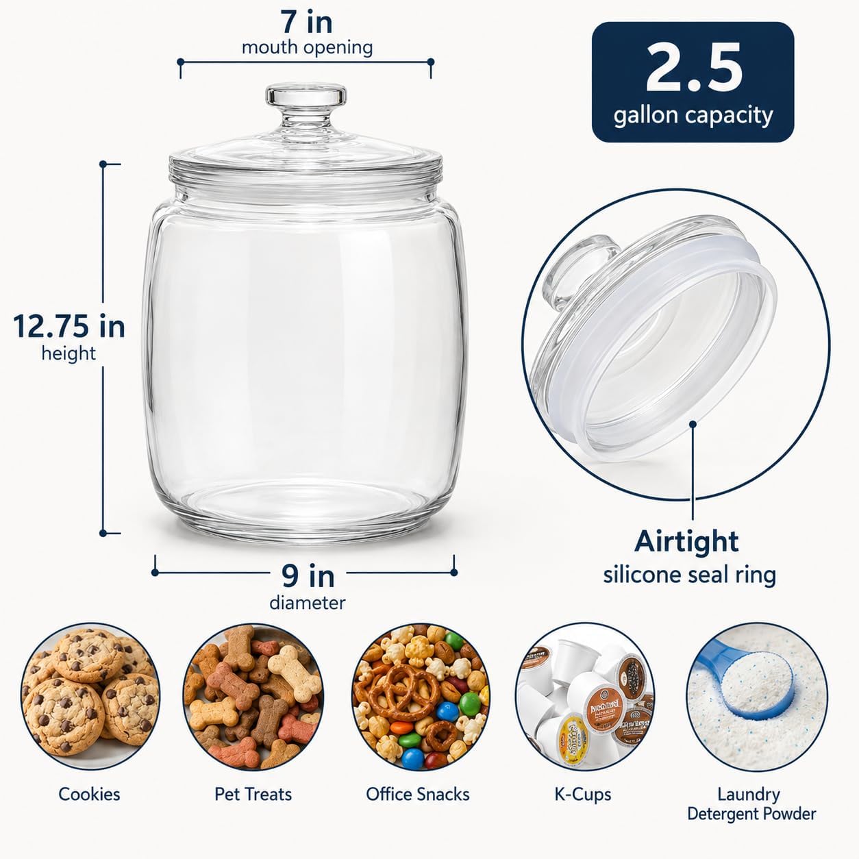 2.5 Gallon Extra Large Glass Cookie Jar - Airtight Lid