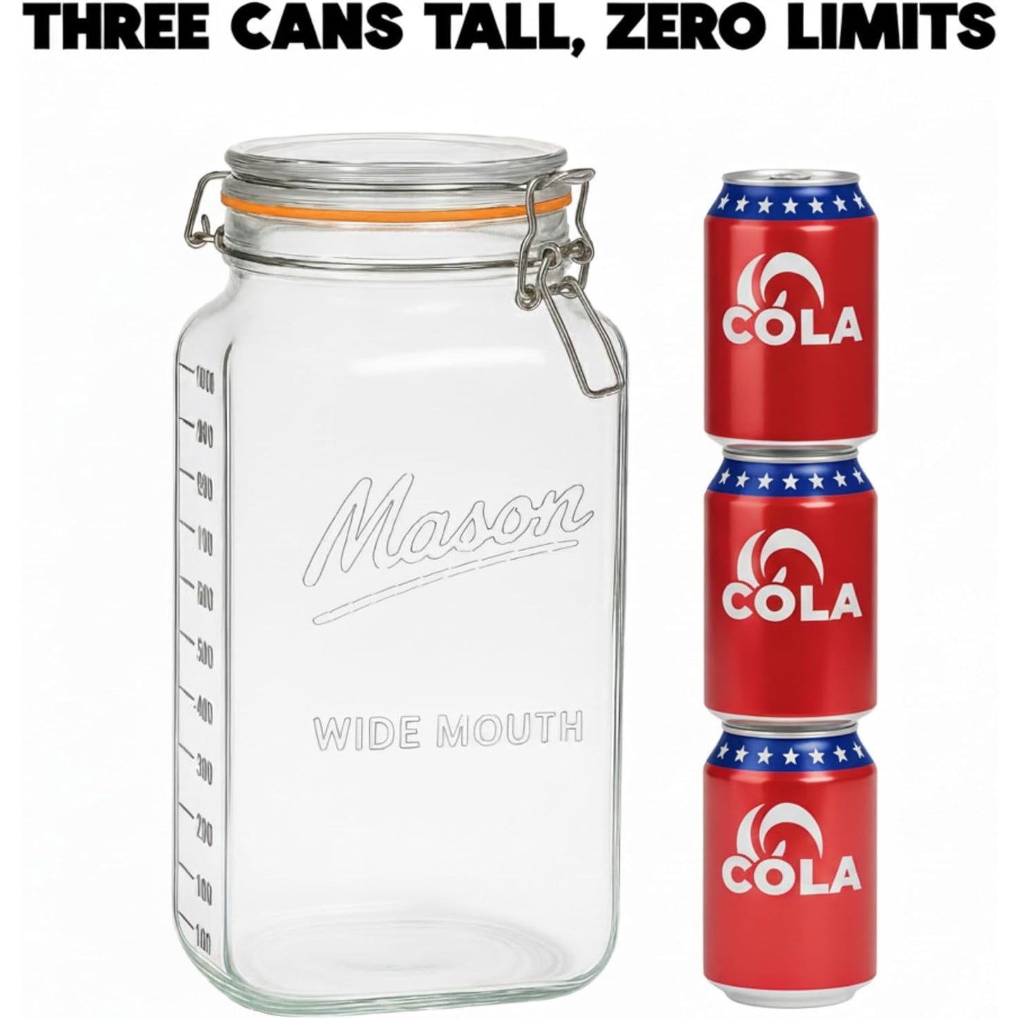 2 Gallon Square Glass Mason Jar - Swing Clasp Lid