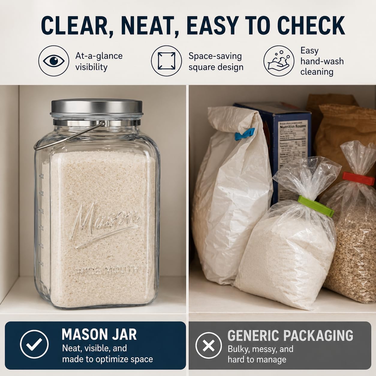 2 Gallon Square Glass Mason Jar - Metal Lid with Carry Handle