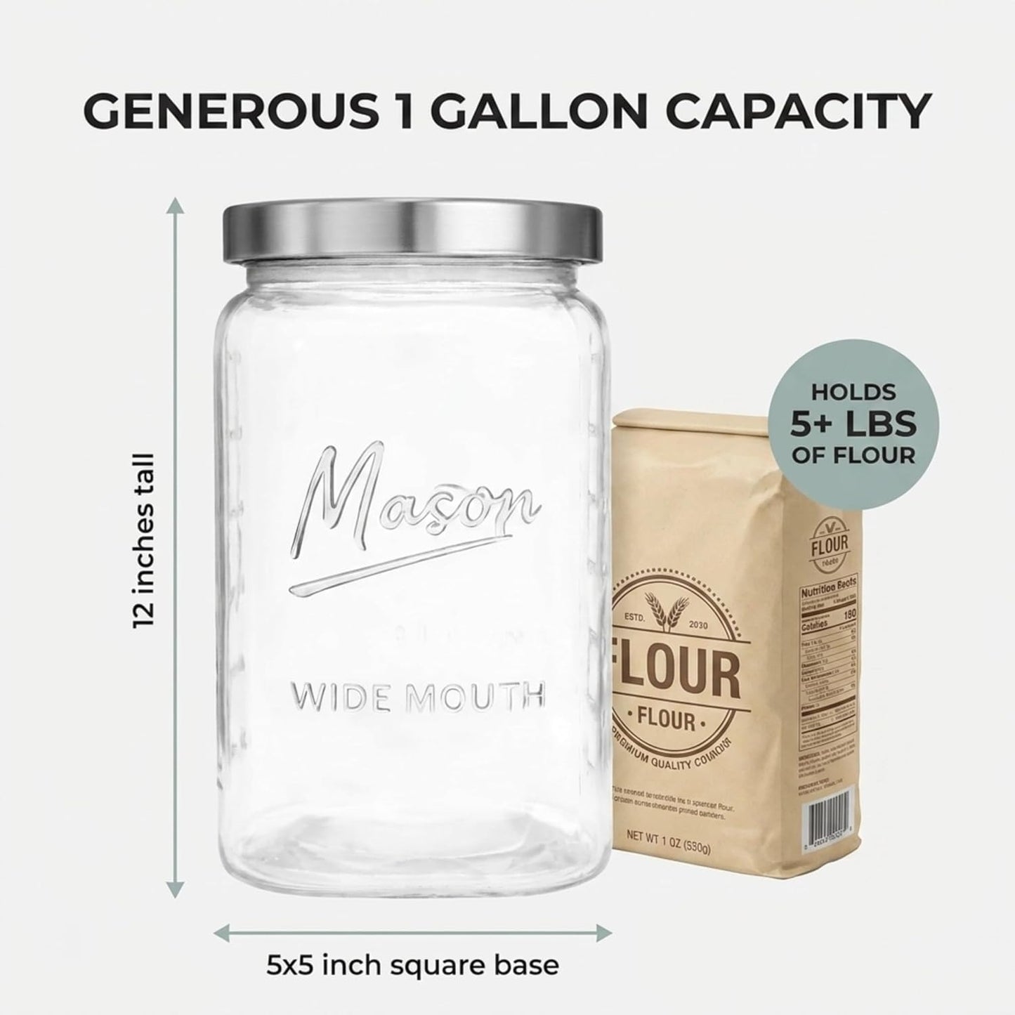 1 Gallon Square Glass Mason Jar - Metal Lid