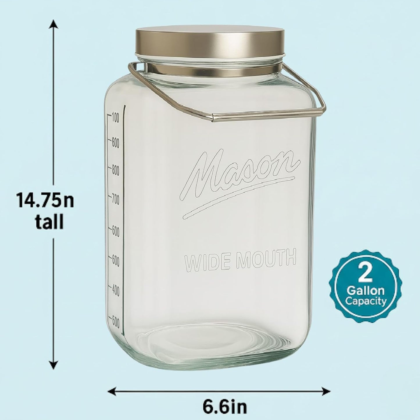 2 Gallon Square Glass Mason Jar - Metal Lid with Carry Handle
