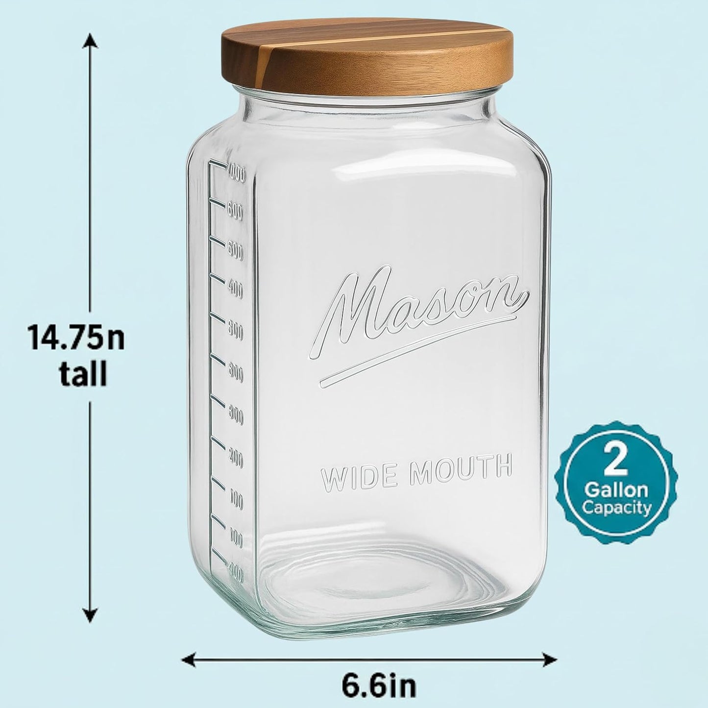 2 Gallon Square Glass Mason Jar - Wooden Lid