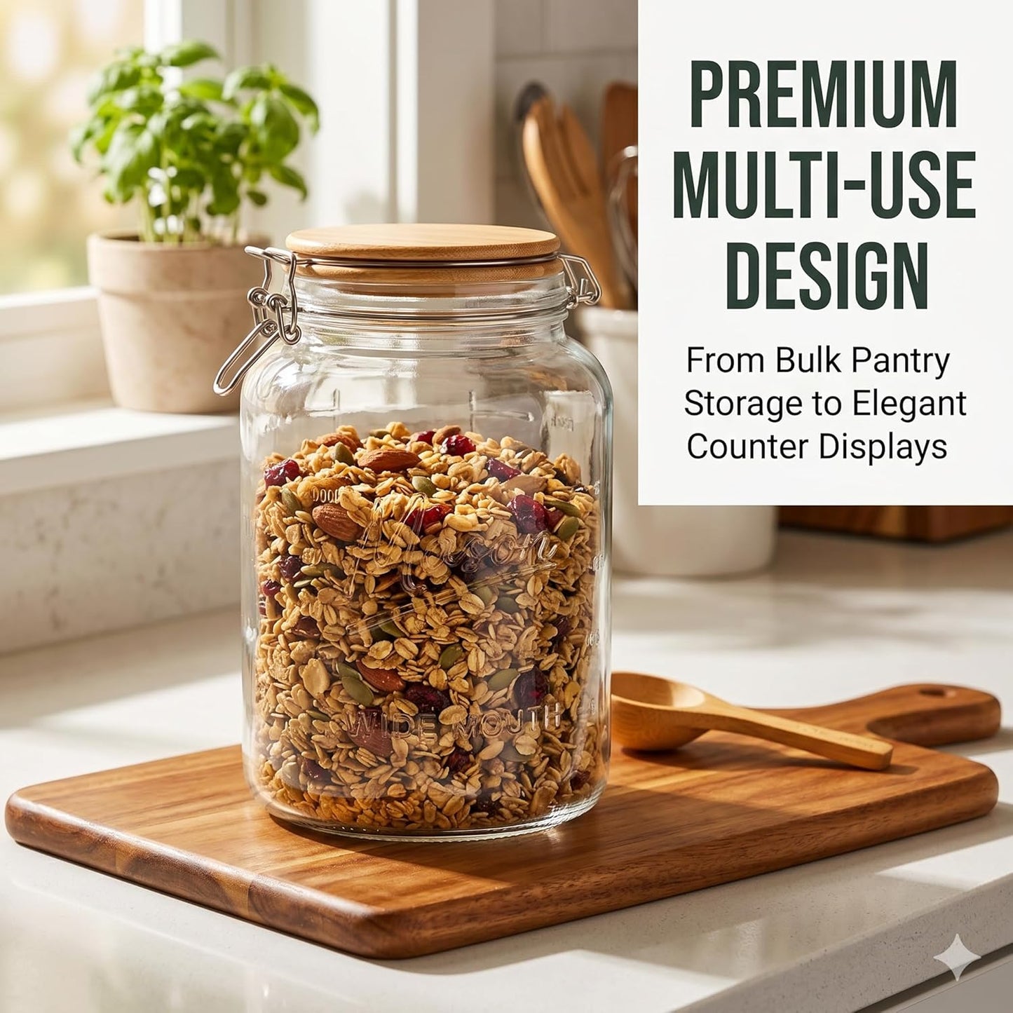 1 Gallon Round Glass Mason Jar - Bamboo Swing-Top Lid